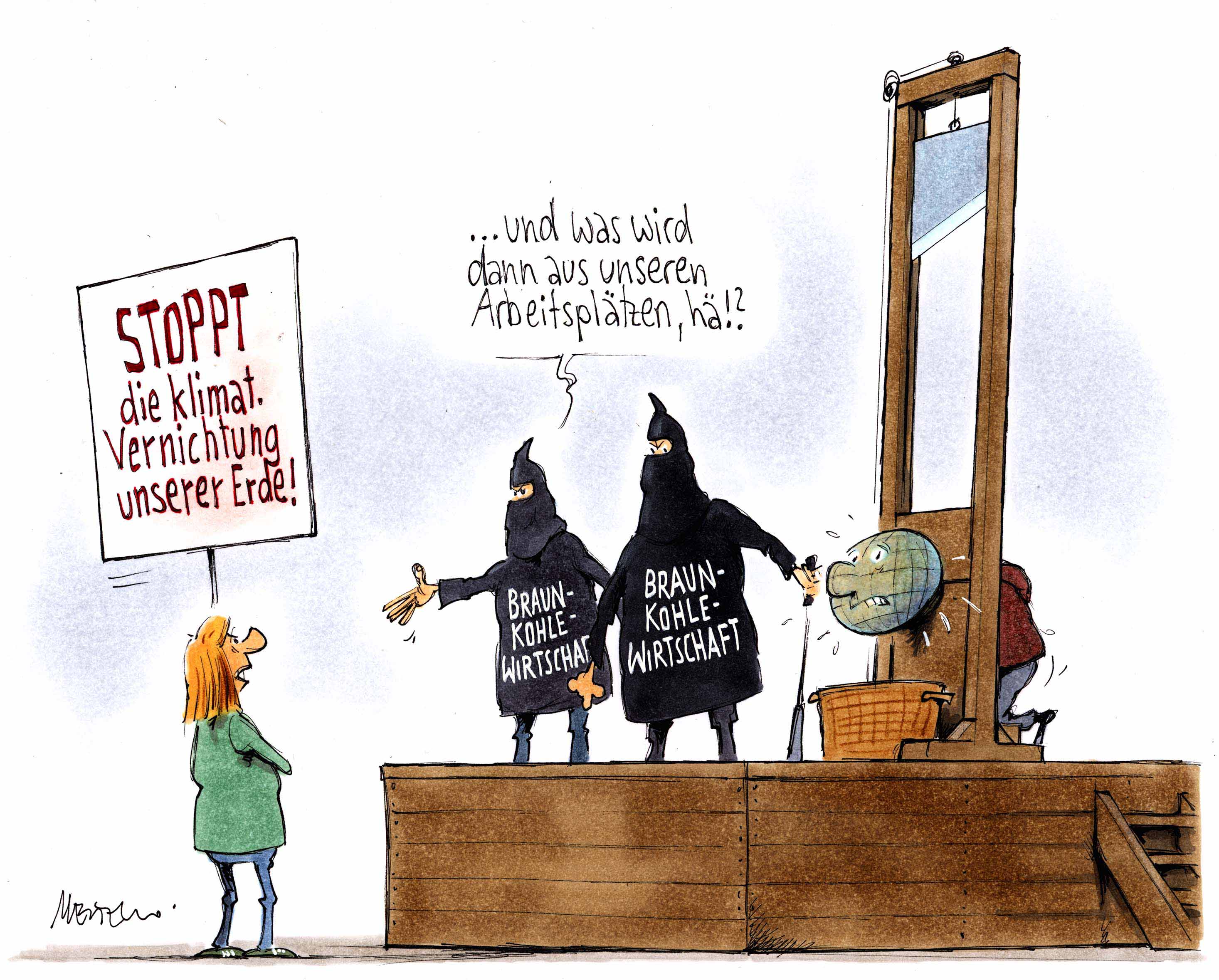Karikatur--Gerhard-Mester--Klimawandel-und-Kohleverbrennung--Totschlagargument-Arbeitsplätze